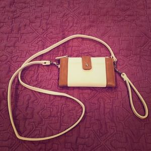 Tan and white cross body/ wristlet wallet